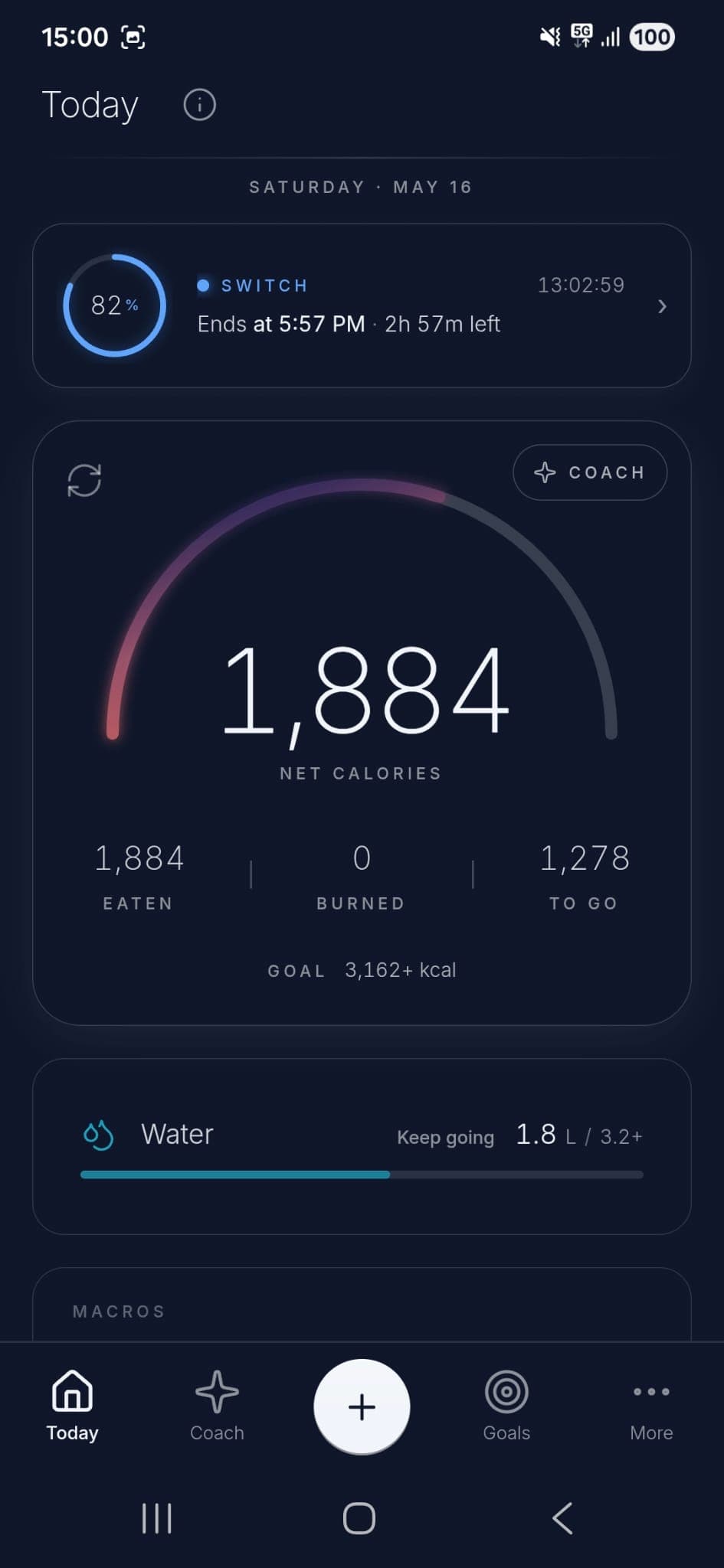 Nourli Today screen: the daily net-calories ring with eaten, burned, and remaining totals, plus water intake and macro progress