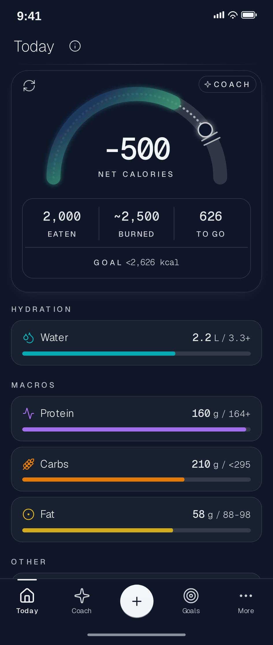 Nourli Today screen: the daily net-calories ring with eaten, burned, and remaining totals, plus water intake and macro progress