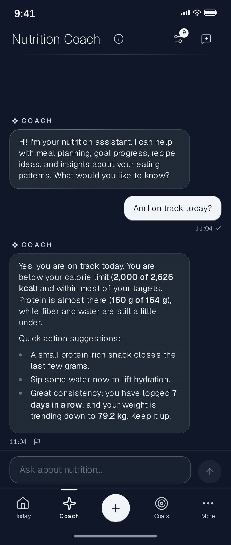 Nourli coach chat answering whether the user is on track today, with a calorie, protein, carb, and fat breakdown