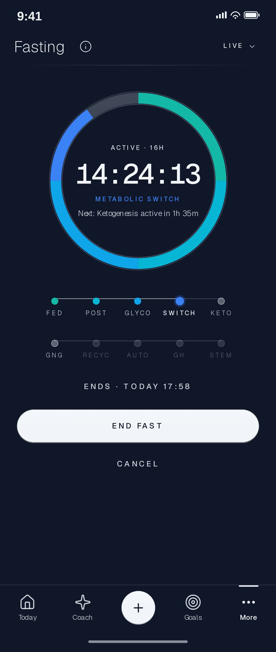 Nourli fasting timer showing an active fast with metabolic stage progress and remaining time