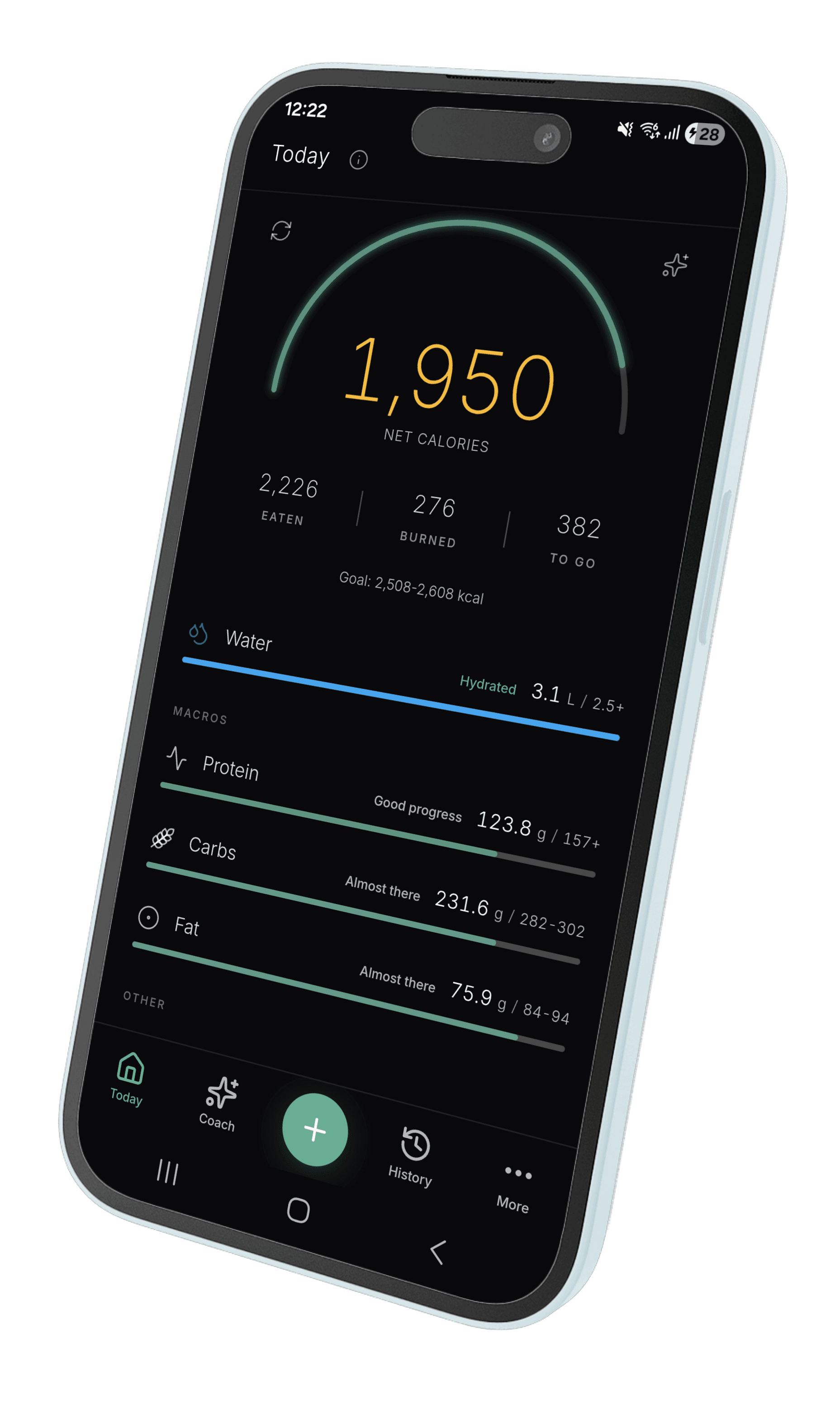 Nourli app showing today's nutrition dashboard with calories, macros, and progress tracking