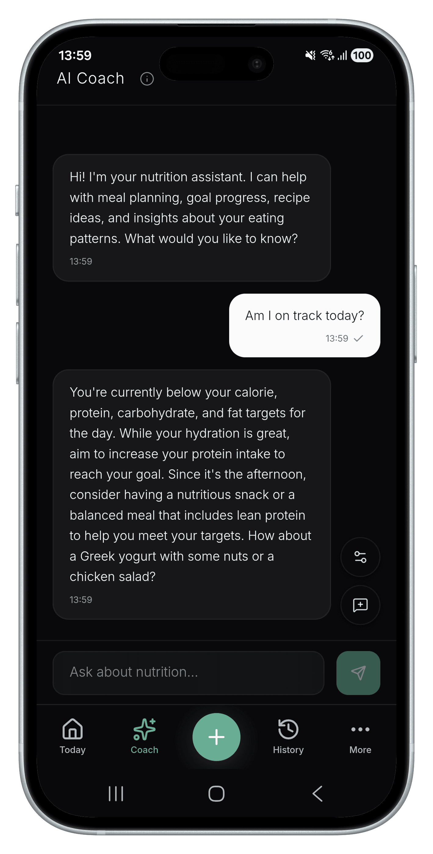 AI nutrition coach conversation with personalized meal advice