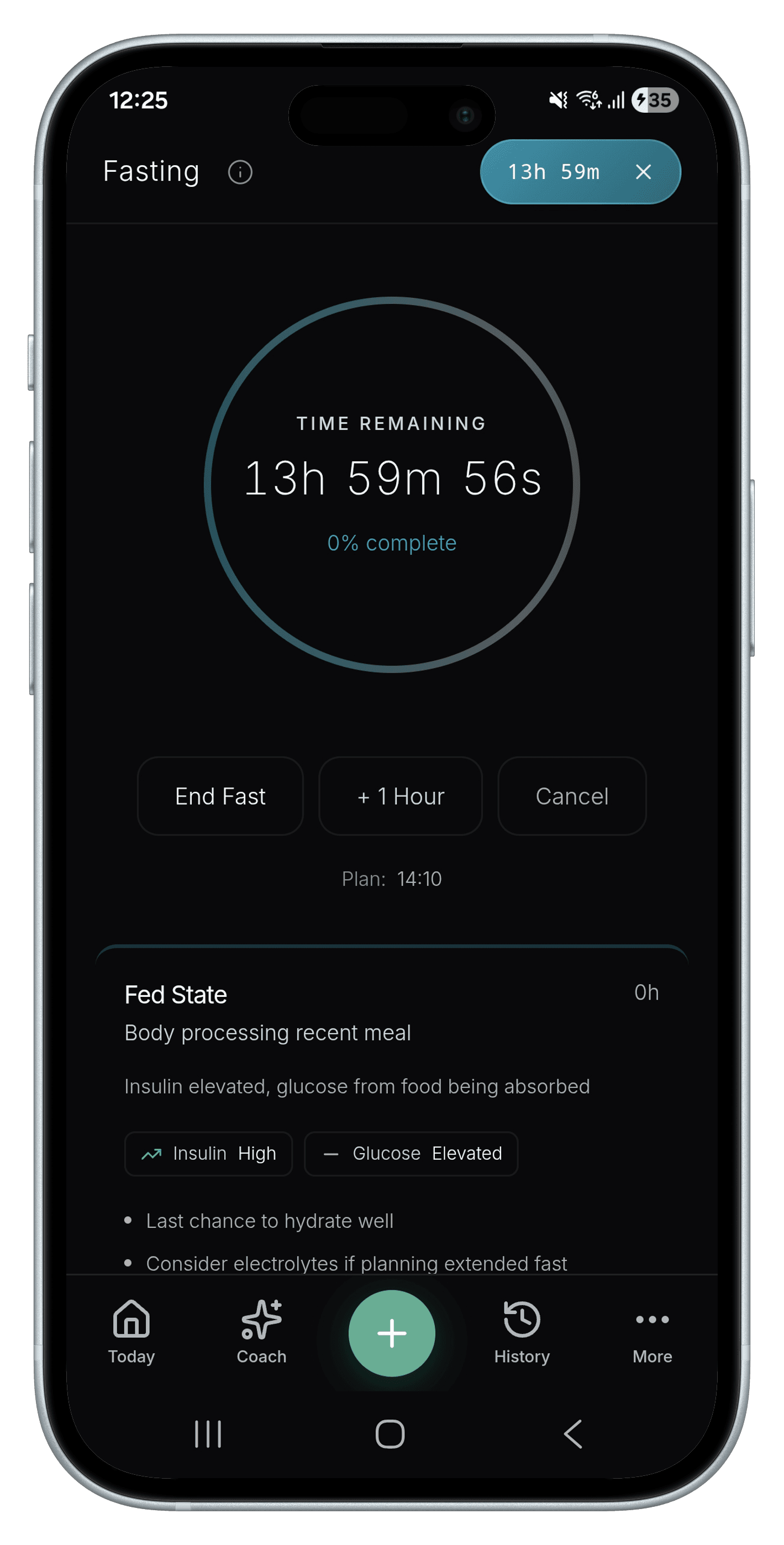 Nourli fasting timer showing an active fast with metabolic stage progress and remaining time