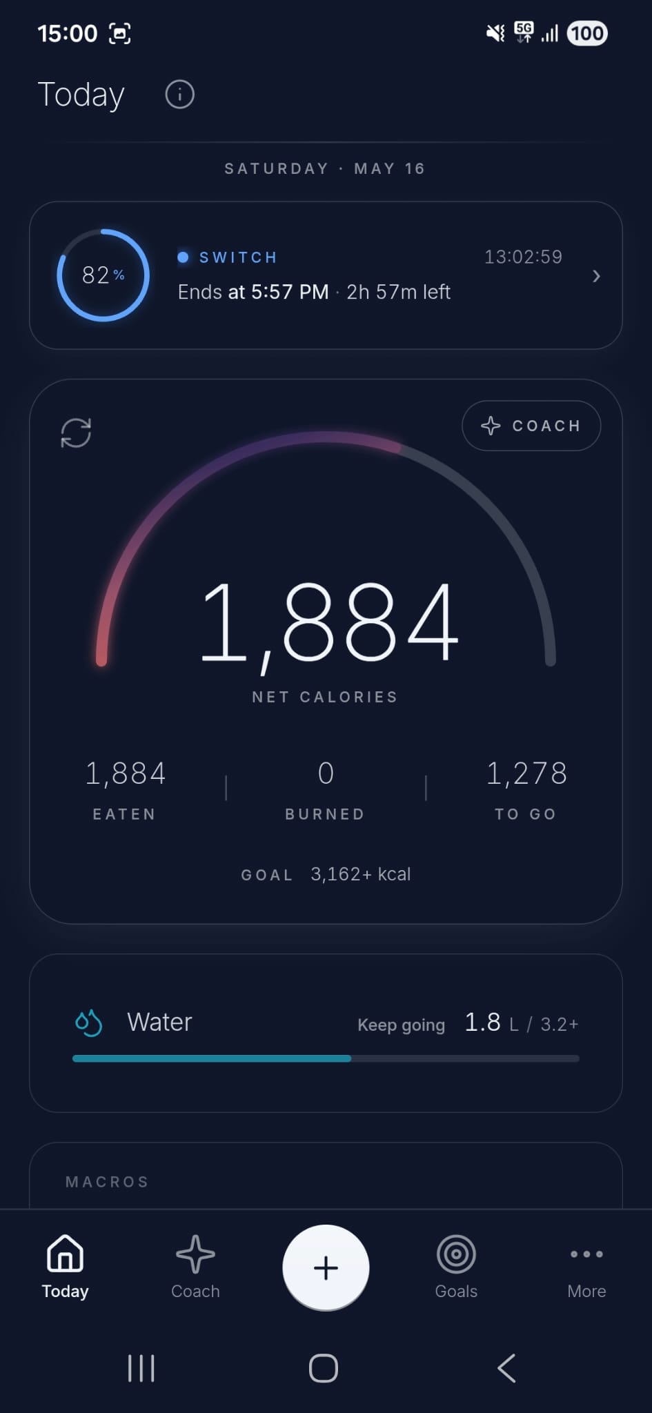 The Nourli Today screen - calorie ring, water, and macros