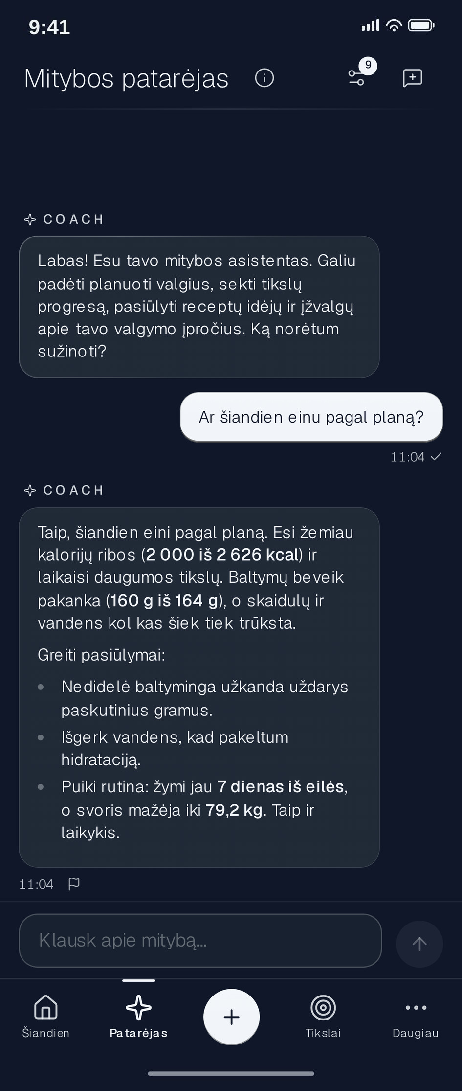 Patarėjo ekranas su kito žingsnio rekomendacija
