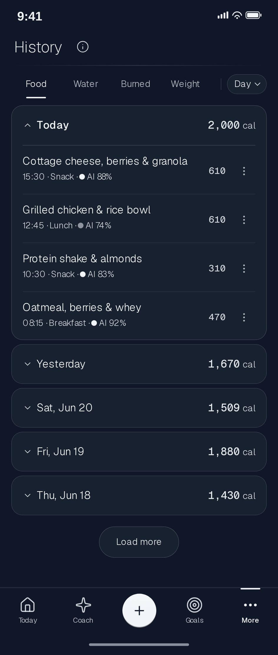 Logged meals with calories, macros and a confidence level on each estimate